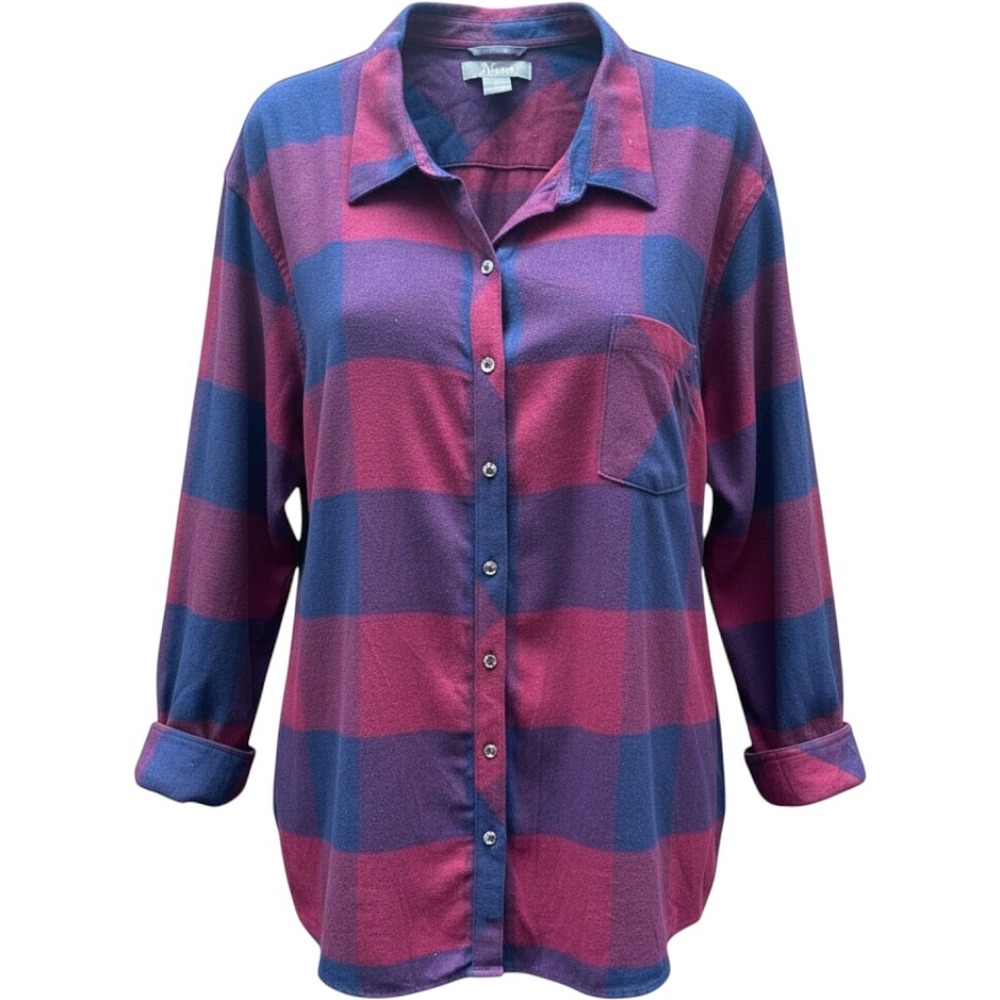 Natural Reflections Women 3X Flannel Shirt Burgundy Navy Blue Plaid Cotton L/S